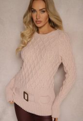 Jasnoróżowy Sweter w Delikatny Splot z Ozdobną Klamrą i Paskiem na Dole Rievea. Czerwone swetry Renee, m, z aplikacjami, z jeansu, biznesowe, bez ramiączek. W wyprzedaży za 87.99 zł.
