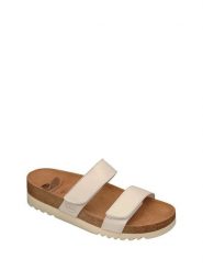 Scholl Skórzane klapki "Lusaka" w kolorze kremowym rozmiar: 41. Brązowe klapki Scholl, bez wzorów, klasyczne, z otwartym noskiem, bez obcasa, bez zapięcia. Za 91.56 zł.