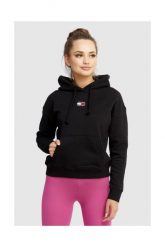 TOMMY JEANS Czarna bluza damska z kapturem. Czarne bluzy Tommy Jeans, s, z aplikacjami, z jeansu, z kapturem. W wyprzedaży za 259.99 zł.