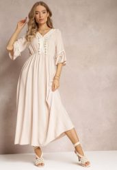 Beżowa Sukienka Maxi z Gumką w Talii z Ozdobnymi Chwostami z Wiskozy Zisel. Brązowe sukienki Renee, na imprezę, m, bez wzorów, z wiskozy, bez kołnierzyka, bez ramiączek, maxi. W wyprzedaży za 67.99 zł.