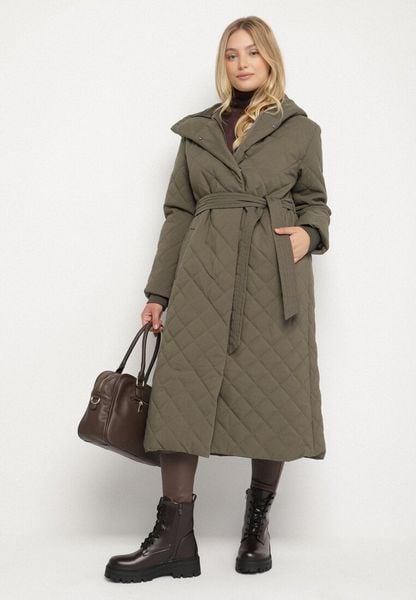 Ciemnobeżowa Pikowana Kurtka Przejściowa z Kapturem i Wiązanym Paskiem Vonella. Brązowe kurtki Born2be, plus size, bez wzorów, z jeansu, biznesowe, z kapturem. Za 219.99 zł.