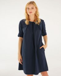 Granatowa sukienka mini. Sukienki Unisono, l, bez wzorów, z materiału, bez kołnierzyka, bez ramiączek, mini. Za 199.00 zł.