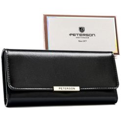 Czarny portfel damski ze skóry ekologicznej zamykany zatrzaskiem - Peterson. Czarne portfele bez wzorów, ze skóry ekologicznej. Za 51.99 zł.