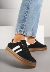 Czarne Sneakersy Tenisówki Ozdobione Paskami i Perforacją Jenadira. Czarne trampki Renee, bez wzorów, z jeansu, klasyczne, bez zapięcia. W wyprzedaży za 67.99 zł.