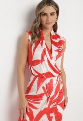 Biało-Czerwona Bluzka Top z Kopertowym Dekoltem w Abstrakcyjny Print Lumiana. Czerwone bluzki Born2be, l, bez wzorów, z materiału, eleganckie, bez kołnierzyka, bez ramiączek. Za 109.99 zł.