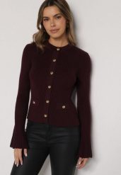 Bordowy Kardigan z Wiskozą Ozdobiony Rozszerzanymi Rękawami i Guzikami Tiolenda. Czerwone swetry Born2be, s, bez wzorów, z wiskozy, eleganckie, bez ramiączek. Za 99.99 zł.