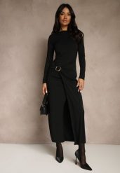 Czarna Elegancka Sukienka Zdobiona Marszczeniem i Metaliczną Aplikacją Raselia. Czarne sukienki Renee, na imprezę, l, z aplikacjami, eleganckie, bez kołnierzyka, bez ramiączek, maxi. Za 139.99 zł.