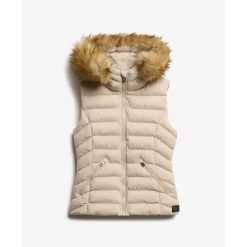 Damska kurtka bez rękawów Superdry Fuji. Szare kurtki Superdry, bez wzorów, z puchu, z kapturem. Za 479.00 zł.