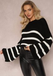 Czarny Sweter z Dzianiny w Paski z Obszernymi Rękawami Gotara. Czarne swetry Renee, bez wzorów, z dzianiny, casualowe, bez ramiączek. W wyprzedaży za 71.99 zł.