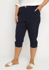 Granatowe Spodnie z Gumką w Pasie 7/8 Tenimira. Niebieskie jeansy Born2be, plus size, bez wzorów, z jeansu, eleganckie. Za 69.99 zł.