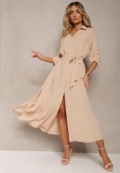 Beżowa Casualowa Sukienka Koszulowa na Guziki z Kieszeniami Jezebel. Brązowe sukienki Renee, na spotkanie biznesowe, l, bez wzorów, eleganckie, bez kołnierzyka, bez ramiączek, maxi, koszulowe. W wyprzedaży za 107.99 zł.