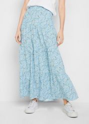 Spódnica maxi z falban. Niebieskie spódnice bonprix, bez wzorów, z bawełny, maxi. Za 142.99 zł.