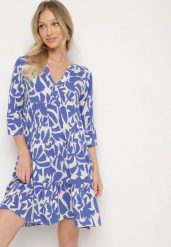 Niebieska Wiskozowa Rozkloszowana Sukienka z Abstrakcyjnym Wzorem Liracalia. Niebieskie sukienki Born2be, na co dzień, l, bez wzorów, z tkaniny, eleganckie, bez kołnierzyka, bez ramiączek, mini, rozkloszowane. Za 109.99 zł.