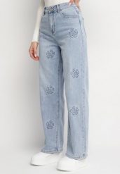 Niebieskie Jeansy o Szerokim Kroju z Wysokim Stanem i Printem w Kwiaty Neledia. Niebieskie jeansy Born2be, z aplikacjami, z jeansu, eleganckie, z podwyższonym stanem. W wyprzedaży za 93.49 zł.