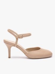 Beżowe czółenka slingback bez pięty ze skóry licowej. Brązowe czółenka Ryłko, z aplikacjami, z gumy, eleganckie, z okrągłym noskiem, bez obcasa, na obcasie, bez zapięcia. Za 379.99 zł.