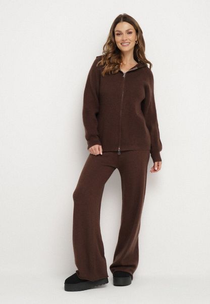 Brązowy Komplet z Wełną i Bawełną Szerokie Spodnie i Rozpinana Bluzka z Kapturem Reikania. Brązowe bluzki Born2be, l, bez wzorów, z bawełny, casualowe, bez kołnierzyka, bez ramiączek. Za 139.99 zł.