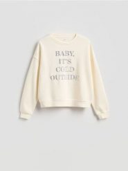 Bluza z haftowanym napisem - złamana biel. Bluzy Reserved, l, bez wzorów, z bawełny, bez ramiączek, bez kaptura. Za 99.99 zł.