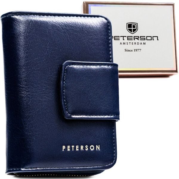 Granatowy portfel damski ze skóry ekologicznej z systemem RFID - Peterson. Niebieskie portfele Peterson, bez wzorów, ze skóry ekologicznej. Za 57.99 zł.