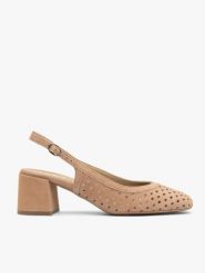 Beżowe czółenka slingback bez pięty. Czerwone czółenka Ryłko, bez wzorów, ze skóry, eleganckie, bez obcasa, na obcasie, bez zapięcia. W wyprzedaży za 365.49 zł.