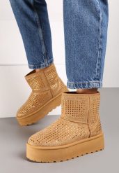 Brązowe Śniegowce na Grubej Podeszwie z Cyrkoniami Elzina. Brązowe śniegowce Born2be, bez wzorów, z jeansu, bez zapięcia. Za 149.99 zł.
