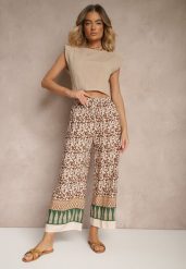 Brązowe Spodnie z Bawełny High Waist z Abstrakcyjnym Wzorem Lisathiela. Brązowe jeansy Renee, bez wzorów, z bawełny, z podwyższonym stanem. W wyprzedaży za 20.99 zł.