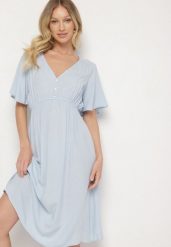 Jasnoniebieska Bawełniana Sukienka o Rozkloszowanym Fasonie Liranelle. Niebieskie sukienki Born2be, na co dzień, l, bez wzorów, z bawełny, eleganckie, bez kołnierzyka, bez ramiączek, midi, rozkloszowane. W wyprzedaży za 50.99 zł.