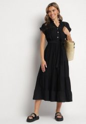 Czarna Wiskozowa Sukienka o Rozkloszowanym Kroju z Wiązanym Paskiem Jaselna. Czarne sukienki Born2be, na co dzień, m, bez wzorów, ze skóry, eleganckie, bez kołnierzyka, bez ramiączek, midi, rozkloszowane. Za 159.99 zł.