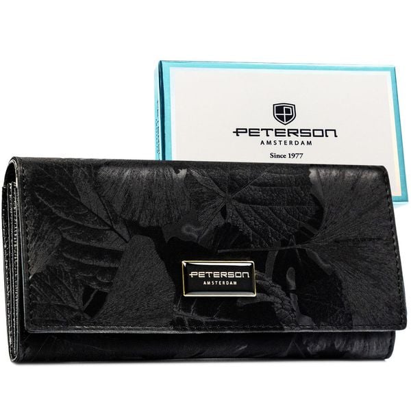 Duży portfel damski ze skóry naturalnej i ekologicznej w czarnym kolorze Peterson PTN PS401-MLF. Czarne portfele Peterson, z aplikacjami, ze skóry. Za 109.99 zł.
