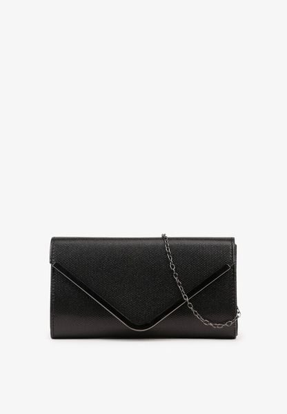 Czarna Połyskująca Torebka Kopertówka z Metaliczną Ozdobą Banostria. Czarne torebki klasyczne Born2be, z aplikacjami, eleganckie, na ramię, małe, bez dodatków. Za 59.99 zł.