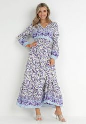 Fioletowo-Beżowa Sukienka Boho z Wiskozy Lohine. Fioletowe sukienki Born2be, l, z aplikacjami, z wiskozy, boho, bez kołnierzyka, bez ramiączek, maxi, rozkloszowane. Za 119.99 zł.