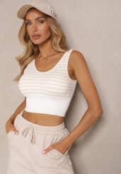 Biało-Beżowy Tank Top z Prążkowanego Materiału w Print w Paski Sesarila. Brązowe topy Renee, s, bez wzorów, z jeansu, eleganckie, bez kołnierzyka, bez ramiączek. W wyprzedaży za 23.99 zł.