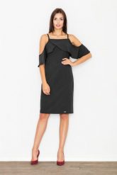 Elegancka Czarna Sukienka Mini z Falbanką przy Dekolcie. Czarne sukienki Figl, na imprezę, l, bez wzorów, z materiału, eleganckie, bez kołnierzyka, bez ramiączek, mini. Za 269.00 zł.