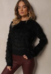 Czarny Sweter z Wełną Ozdobiony Ściągaczami i Długim Włosiem Sialora. Czarne swetry Renee, na jesień, bez wzorów, z jeansu, biznesowe, bez ramiączek. W wyprzedaży za 63.99 zł.