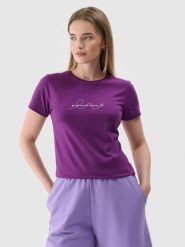 4F T-shirt slim z nadrukiem damski - fioletowy XS. Fioletowe t-shirty 4f, xs, bez wzorów, z dzianiny, klasyczne, bez kołnierzyka, bez ramiączek. Za 29.99 zł.