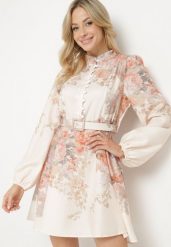 Beżowa Kwiatowa Rozkloszowana Sukienka Ozdobiona Paskiem Nolavia. Brązowe sukienki Born2be, na co dzień, m, bez wzorów, eleganckie, bez kołnierzyka, bez ramiączek, mini, proste. W wyprzedaży za 161.49 zł.