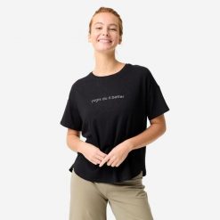 Koszulka do jogi damska Kimjaly krótki rękaw. Czarne t-shirty sportowe DOMYOS, s, bez wzorów, z bawełny, bez ramiączek, na fitness i siłownię. Za 49.99 zł.