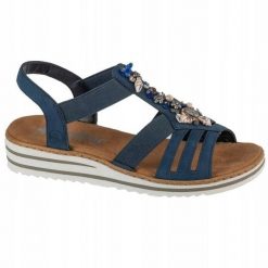 Sandały Damskie. Niebieskie sandały Rieker, bez wzorów, z gumy, z otwartym noskiem, bez obcasa, na obcasie, bez zapięcia. Za 370.99 zł.