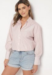 Beżowa Bawełniana Koszula Oversize w Prążki Zdobiona Metaliczną Nicią Paserella. Brązowe koszule Born2be, l, z aplikacjami, z bawełny, eleganckie, bez kołnierzyka, bez ramiączek. W wyprzedaży za 84.99 zł.