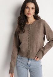 Brązowy Kardigan z i Wełną na Guziki Cornelira. Brązowe swetry Born2be, bez wzorów, z bawełny, eleganckie, bez ramiączek. W wyprzedaży za 135.99 zł.