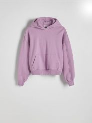Bawełniana bluza z kapturem - lawendowy. Fioletowe bluzy Reserved, l, bez wzorów, z bawełny, bez ramiączek, z kapturem. W wyprzedaży za 79.99 zł.
