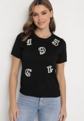 Czarny T-shirt Ozdobiony Naszywkami Perełkami i Cyrkoniami Karavia. Czarne t-shirty Born2be, uniwersalny, z aplikacjami, z jeansu, bez kołnierzyka, bez ramiączek. Za 129.99 zł.