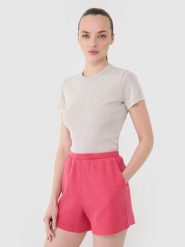 4F Spodenki casual z dzianiny waflowej damskie - różowe M. Czerwone szorty 4f, bez wzorów, z bawełny, casualowe. W wyprzedaży za 49.99 zł.