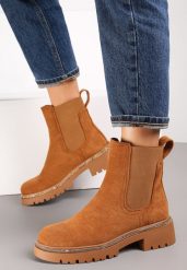 Brązowe Botki Sztyblety z Lamówką z Cyrkonii Mefile. Brązowe botki Renee, bez wzorów, z jeansu, eleganckie, bez obcasa, na obcasie, bez zapięcia. W wyprzedaży za 90.99 zł.