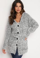 Czarno-Szary Kardigan z Kapturem Ozdobiony Guzikami i Kieszeniami Martinelle. Czarne swetry Born2be, bez wzorów, z jeansu, eleganckie, bez ramiączek. Za 69.99 zł.