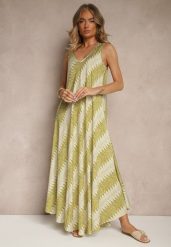Zielona Rozkloszowana Sukienka z Geometrycznym Wzorem Lumire. Zielone sukienki Renee, na spotkanie biznesowe, xl, z aplikacjami, eleganckie, bez kołnierzyka, bez ramiączek, maxi, rozkloszowane. W wyprzedaży za 55.99 zł.