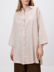 Długa lniana koszula - beżowy. Brązowe koszule Reserved, l, bez wzorów, bez kołnierzyka, bez ramiączek. Za 159.99 zł.