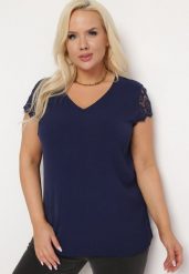 Granatowa Bluzka z Krótkimi Rękawami z Delikatnej Koronki Verlina. Niebieskie bluzki Born2be, xl, bez wzorów, z koronki, bez kołnierzyka, bez ramiączek. Za 89.99 zł.