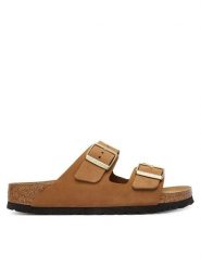 Birkenstock Klapki Arizona Sfb 1032086 Brązowy. Brązowe klapki Birkenstock, bez wzorów, z nubiku, bez obcasa, bez zapięcia. Za 549.99 zł.