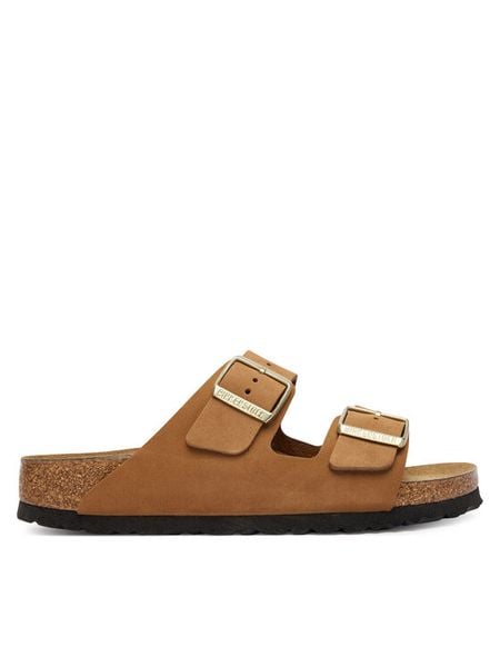 Birkenstock Klapki Arizona Sfb 1032086 Brązowy. Brązowe klapki Birkenstock, bez wzorów, z nubiku, bez obcasa, bez zapięcia. Za 454.99 zł.