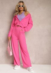 Fuksjowy Komplet Dresowy o Luźnym Kroju Bluza na Suwak z Kapturem i Spodnie Szerokie Ezorila. Czerwone bluzy Renee, m, bez wzorów, z dresówki, bez ramiączek, z kapturem. W wyprzedaży za 67.99 zł.